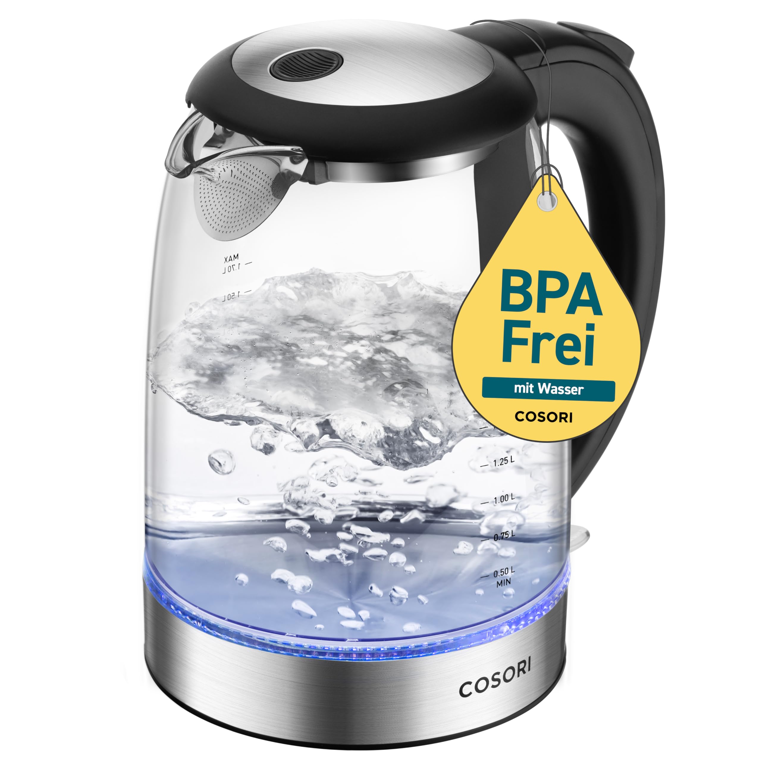 COSORI Glas Wasserkocher 1,7L, kocht in 2 Minuten, wasserberührende Teile plastikfrei, 304er Edelstahl-Kalkfilter, 2200W, Überhitzungsschutz, 360° drehbarer Sockel, Schwarz Glas-Wasserkocher Angebot bei HelloDeals
