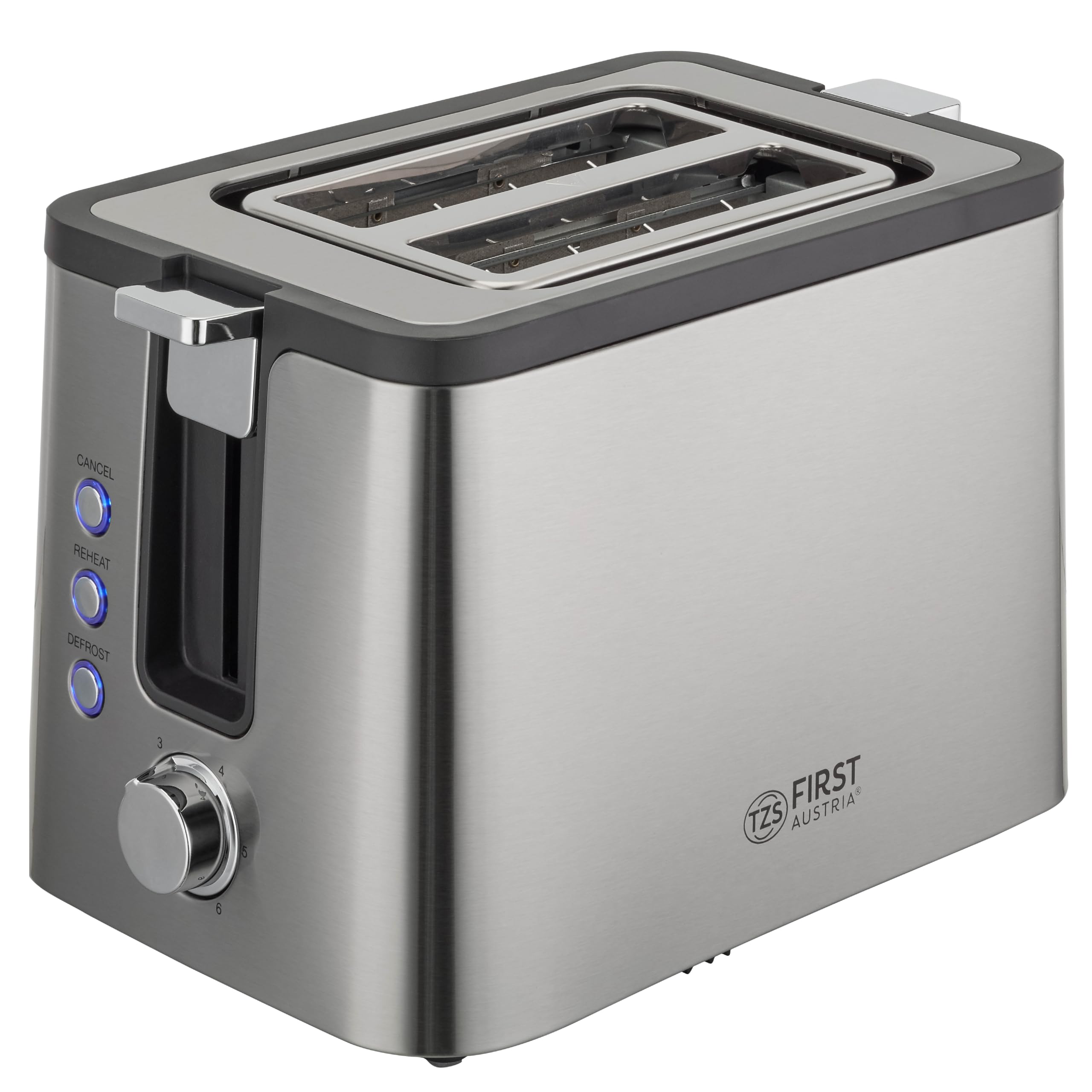 TZS First Austria - 2-Scheiben-Toaster - 800W - Auftau- & Aufwärmfunktion - 6 Bräunungsstufen - Brötchenaufsatz - Extra breite Schlitze - Selbstzentrierfunktion - Krümelschublade - Edelstahl Angebot bei HelloDeals