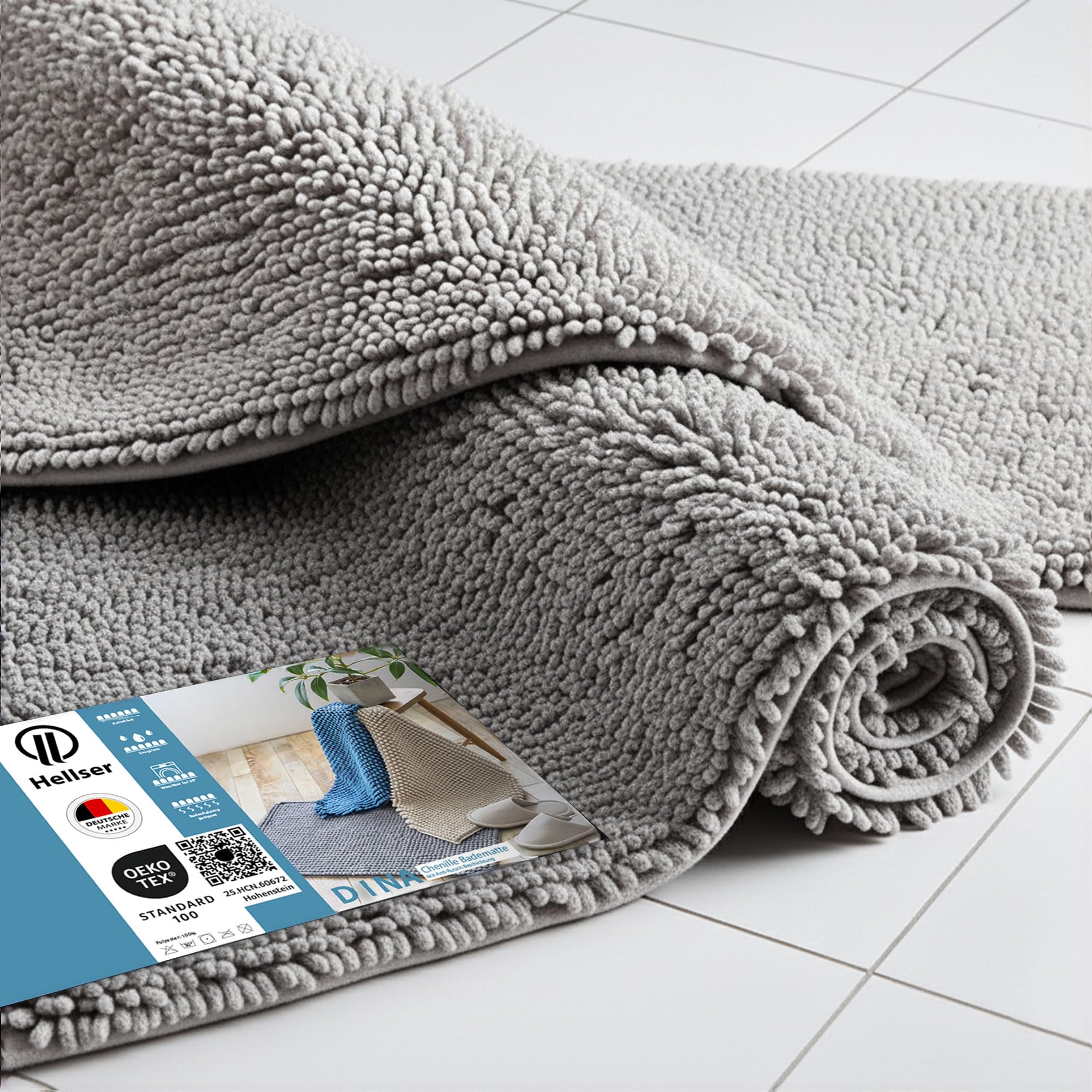HELLSER Badezimmerteppich DINA | Badematte rutschfest & Waschbar | Weicher Chenille Badvorleger | Saugfähig & Schnelltrocknend | Oeko-TEX Duschvorleger für Fußbodenheizung | Silbergrau | 40x60 cm Silbergrau 40 x 60 cm (Rechteckig) Angebot bei HelloDeals