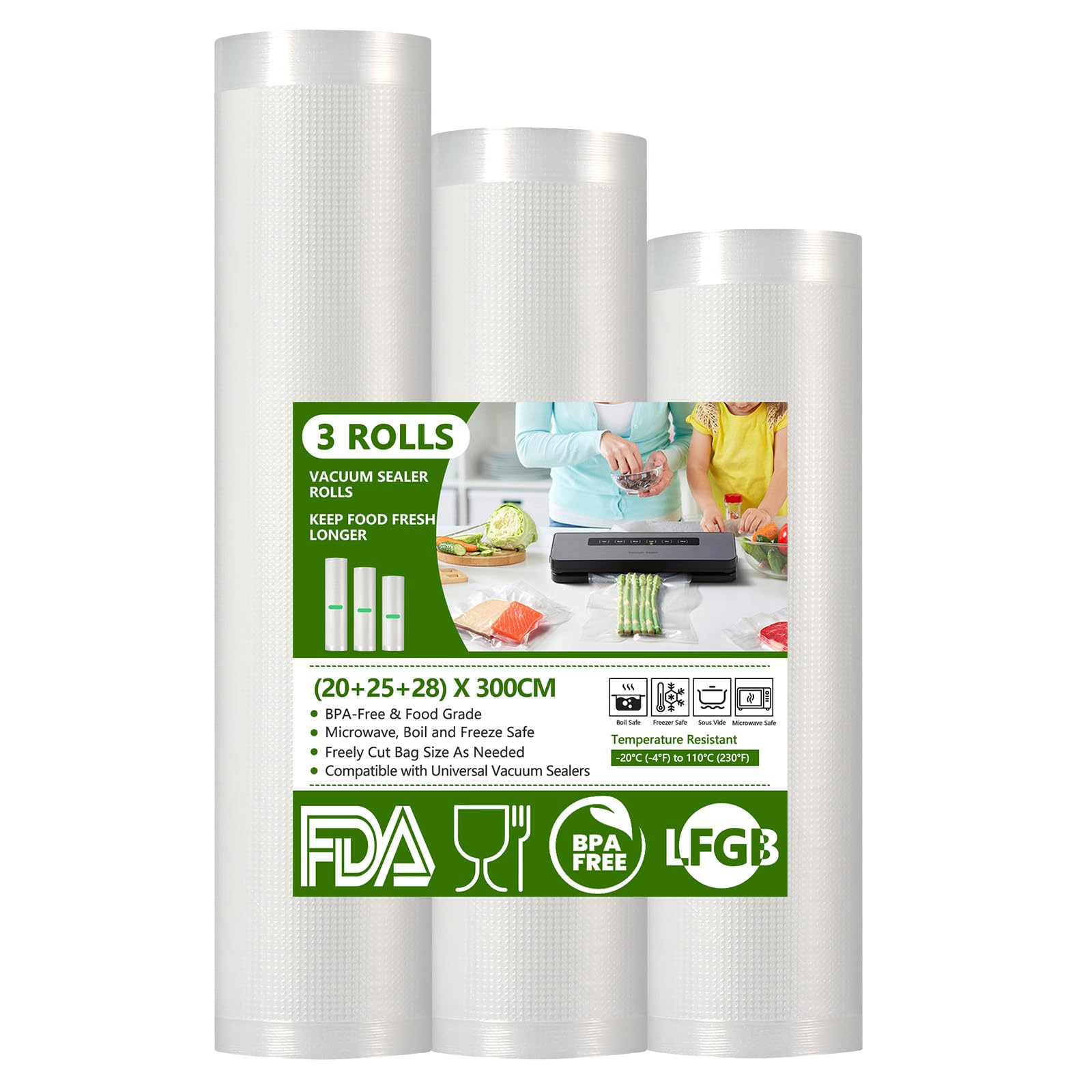 Diboniur Vakuumierbeutel 3 Rollen Vakuumierfolie, Vakuumbeutel Lebensmittel 28/25/20x300cm, Sous Vide Beutel, Einschweißfolie für alle Vakuumierer 3 Rollen 28/25/20x300cm Angebot bei HelloDeals