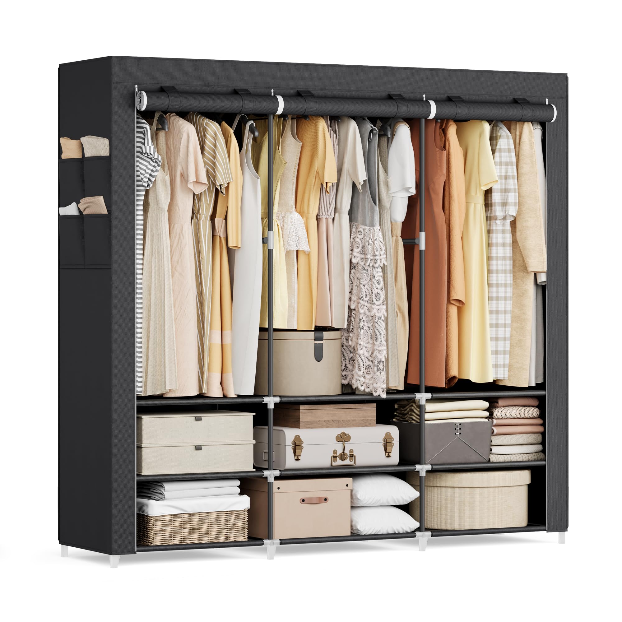 SONGMICS Stoffschrank, Kleiderschrank, 45 x 188 x 176 cm, 3 Hängefächer, mit Ablagen, 4 Seitentaschen, viel Platz, für Schlafzimmer, Wohnzimmer, schwarz RYG009B01 188B cm Schwarz Angebot bei HelloDeals