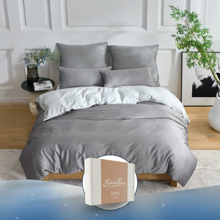 Bettwäsche 155x220 Baumwolle Satin Wendebettwäsche - Oeko-Tex Made In Green - Himmlisch weicher Schlaf - Bettwäsche Set mit 1x Bettbezug 155x220 + 1x Kissenbezug 80x80 - Hellgrau/Grau Hellgrau / Dunkelgrau 155x220 + 80x80 Angebot bei HelloDeals