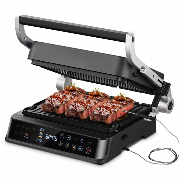 AMZCHEF XL Kontaktgrill 4-in-1 mit Temperatursensor & GrillBoost (280°C) – Elektrogrill mit 4 wechselbaren Anti-Haft-Platten für Steak, Waffeln, Sandwiches, Pfannkuchen – 2000 W, spülmaschinengeeignet XL Black Angebot bei HelloDeals