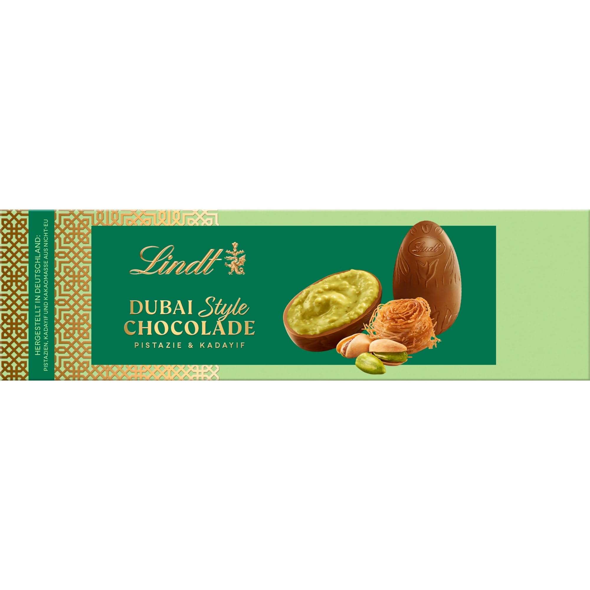 Lindt Dubai Style Chocolade Eier | 108g Eier | Feinste Vollmilch-Chocolade mit feinster Pistazienmark, Pistazien- und Mandelkrokant und knuspriger Kadayif Füllung | Schokoladeneier Angebot bei HelloDeals