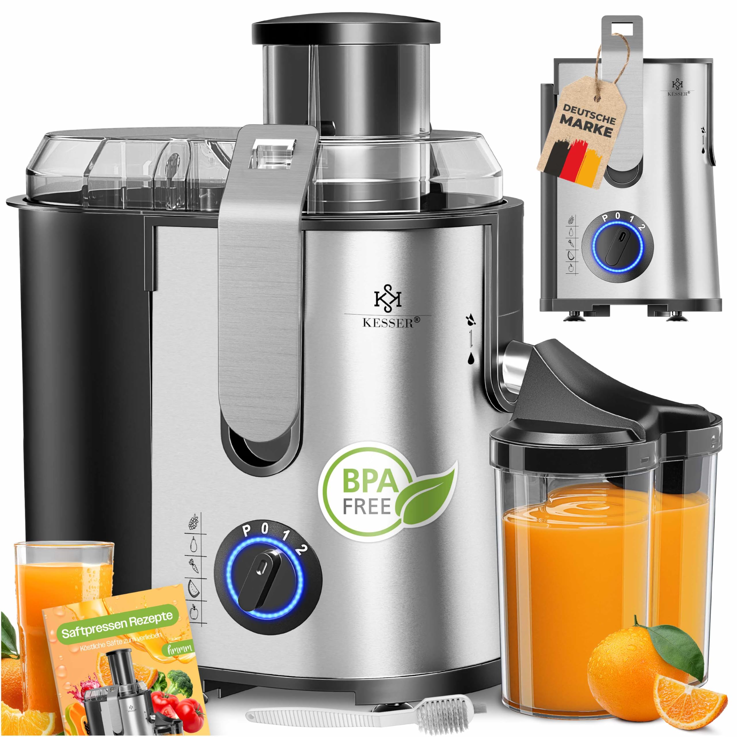 KESSER® Zentrifuge Entsafter für Obst | Gemüse aus Edelstahl 1100W, große Fütterungsröhre, 3 Stufen, Elektrische Zentrifugal Saftpresse Juicer + Bürste, Saftbehälter, Rezeptbuch, Grau/Silber Grau / Silber Angebot bei HelloDeals