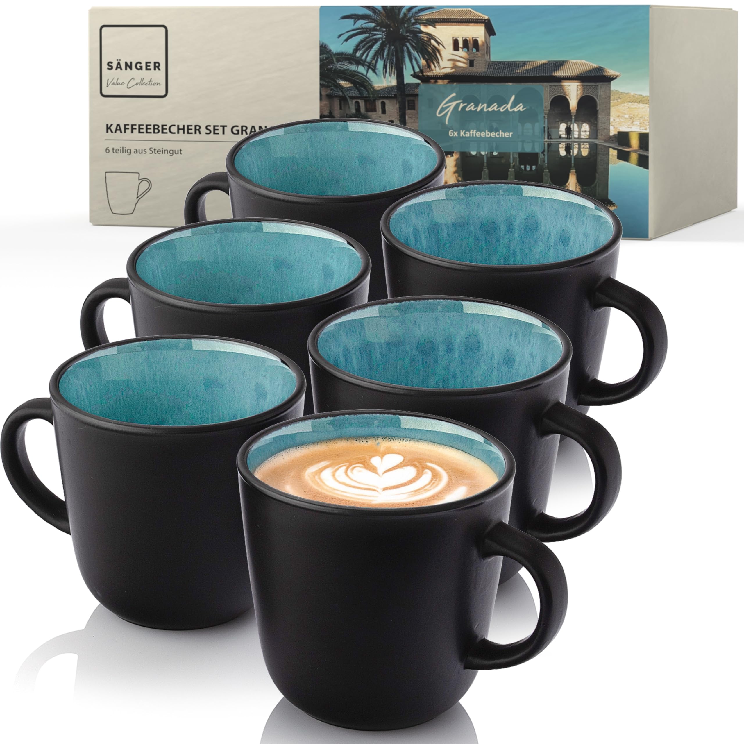 SÄNGER Granada | Kaffeebecher 6 Personen, Steingut Kaffeetassen Set 6er, Tassen Teetasse spülmaschinenfest mikrowellenfest, Coffee Mug blau mit schwarzem Rand 430 ml | VALUE COLLECTION Granada Kaffeebecher 6 tlg. Angebot bei HelloDeals