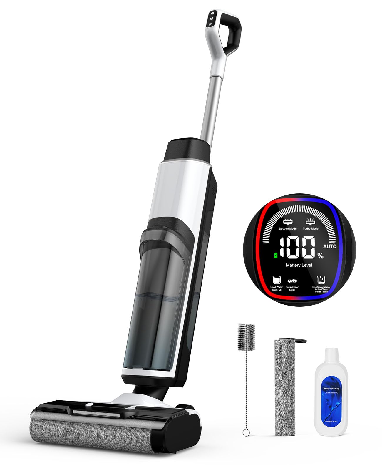 Nass Trockensauger Akku, 20.000 Pa kabelloser All-in-One Staubsauger mit wischfunktion, Sprachausgabefunktion, 890ml Dual-Wassertanks, Kantenreinigung<0.5cm, Selbstreinigung für Harte Boden,Tierhaare Schwarz und Weiß Angebot bei HelloDeals