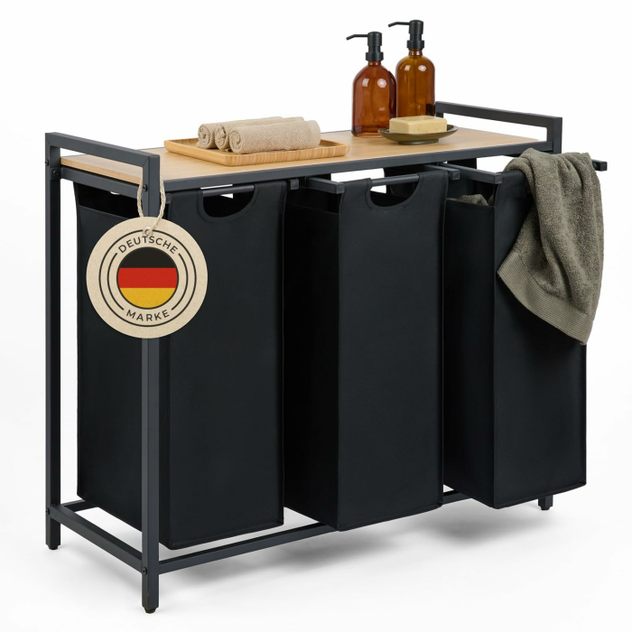 Blumtal Wäschesammler 3 Fächer Schwarz - Wäschekorb mit Ablage in Bambus-Optik - Wäscheschrank mit Metall-Rahmen in Schwarz - Wäschekorb mit Beinen - Wäschesortierer 3 Fächer/Schmutzwäschebehälter Schwarz + Bambus 3 Fächer Angebot bei HelloDeals