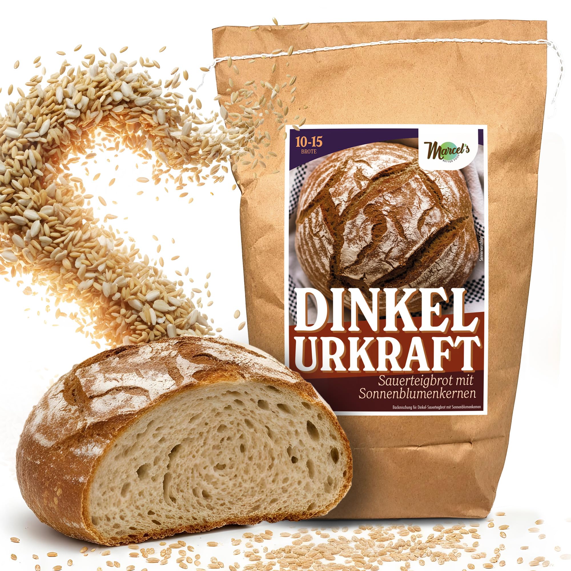 Marcel's Brotbackmischung Dinkel Urkraft (4kg - für 10-15 Brote) – 100% Sauerteigbrot mit Urgetreide & Sonnenblumenkernen | Zubereitet in 1 Minute | Mild, Vegan & natürlich | Ohne Weizenmehl 4 kg (1er Pack) Angebot bei HelloDeals