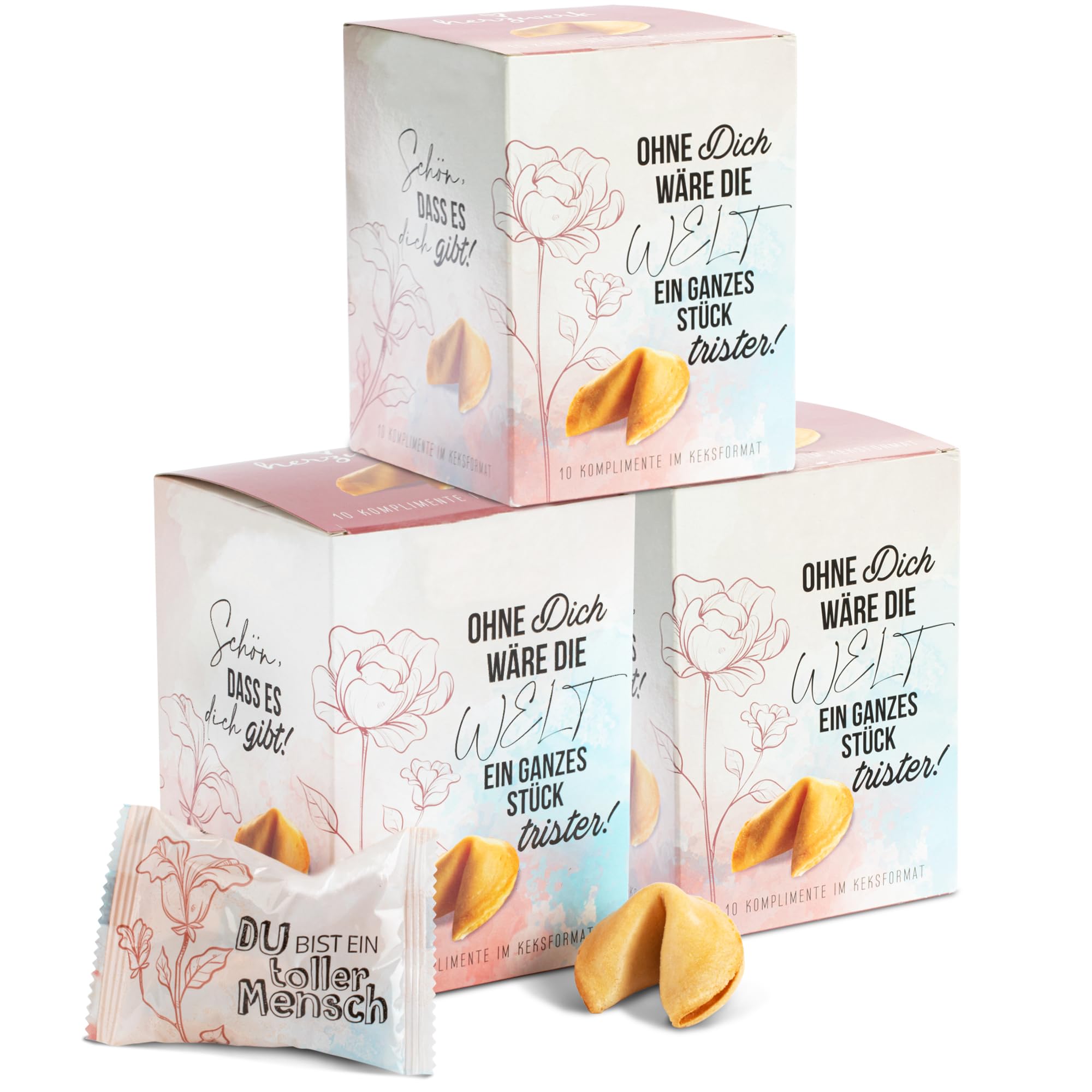 FOOD crew 30x Glückskekse Komplimente - 3 Designs - Komplimente Kekse als kleine Geschenke Idee für Familie, Freunde, Kollegen - Kleinigkeiten für Adventskalender Füllung - Silvester Glückskekse Angebot bei HelloDeals