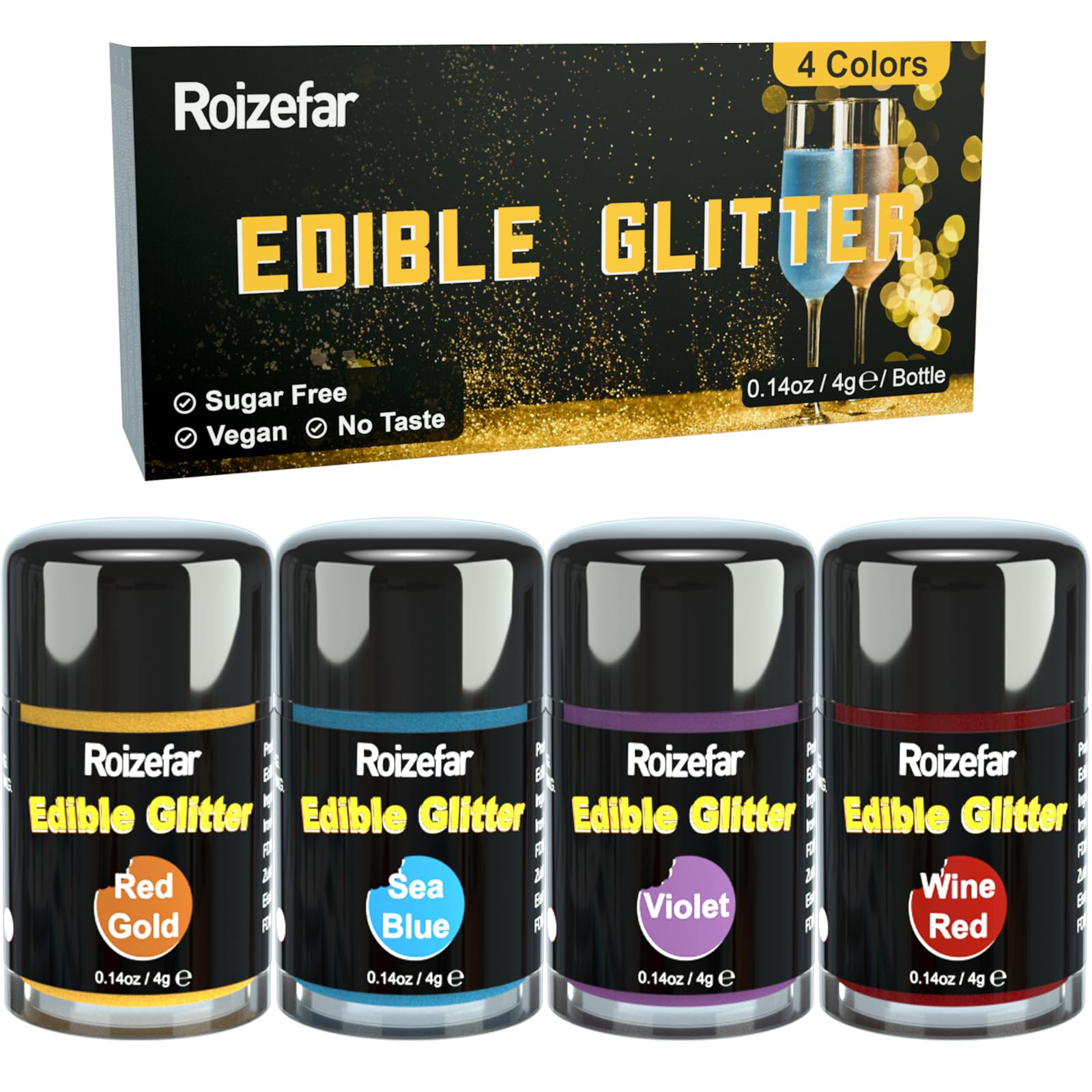 Roizefar Essbares Glitzer Set, 4 Farben geschmacklos essbare Glitzerpulver, Glitzer Essbares für Torte/Glitzers Essbar Getränke für Ostern, Weihnachten, Oktoberfest Party, Cocktails. 4g/Dose Angebot bei HelloDeals