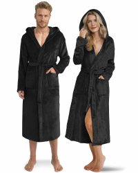 Twinzen Damen & Herren Kuschelfleece Morgenmantel mit Kapuze S - Schwarz - Weich, Warm & Bequem - Öko-Tex Standard 100 Zertifiziert Schwarz L Angebot bei HelloDeals
