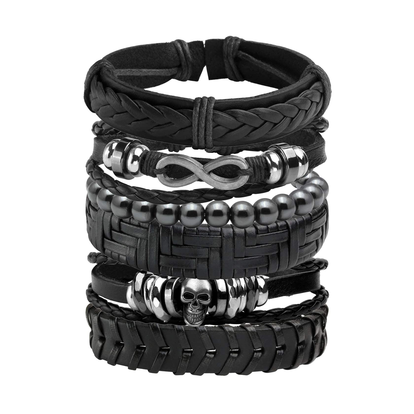 6PCS Punk Armband Herren Armbänder Set Schwarz lederarmband Gothic Geflochtene Armreif Leder gemischt Angebot bei HelloDeals