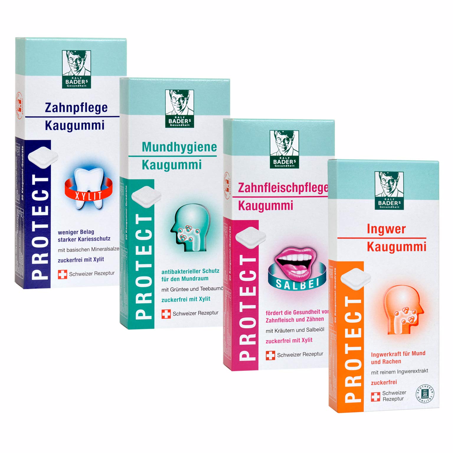 BADERs PROTECT Kaugummi aus der Apotheke. Mundhygiene, Zahnpflege, Zahnfleischpflege, Ingwer. 4 Sorten x 20 Kaugummi-Quadrate. Angebot bei HelloDeals