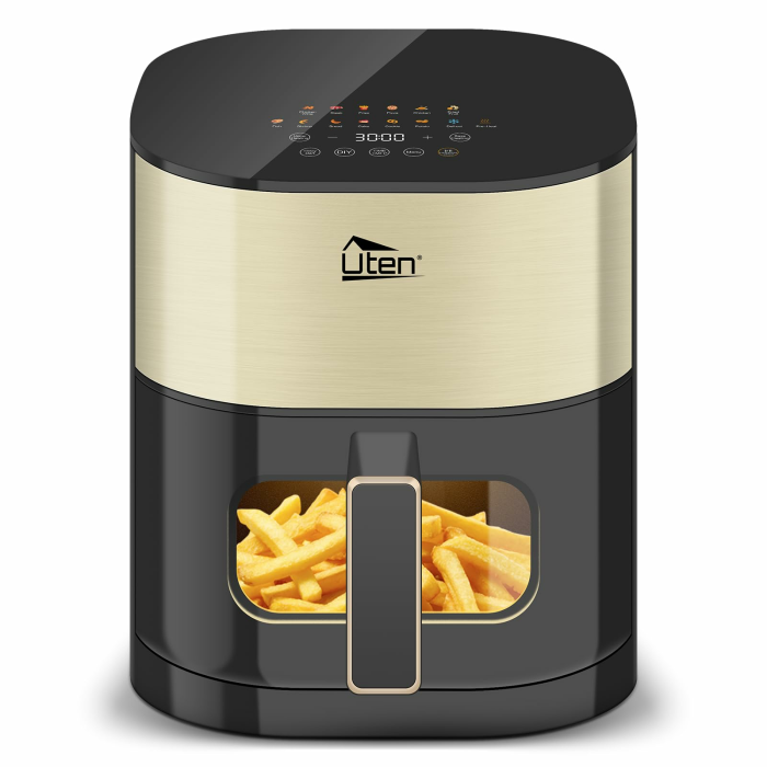 Uten Dual Blaze Heißluftfritteuse 5,5 L mit Sichtfenster, Farbbildschirm, 14 Programme, Verzögerter Start, Rostfreies Ölnetz, 2 Heizquellen Einzeln Steuerbar, Kein Umdrehen Speisen, Energiesparend Gold Angebot bei HelloDeals
