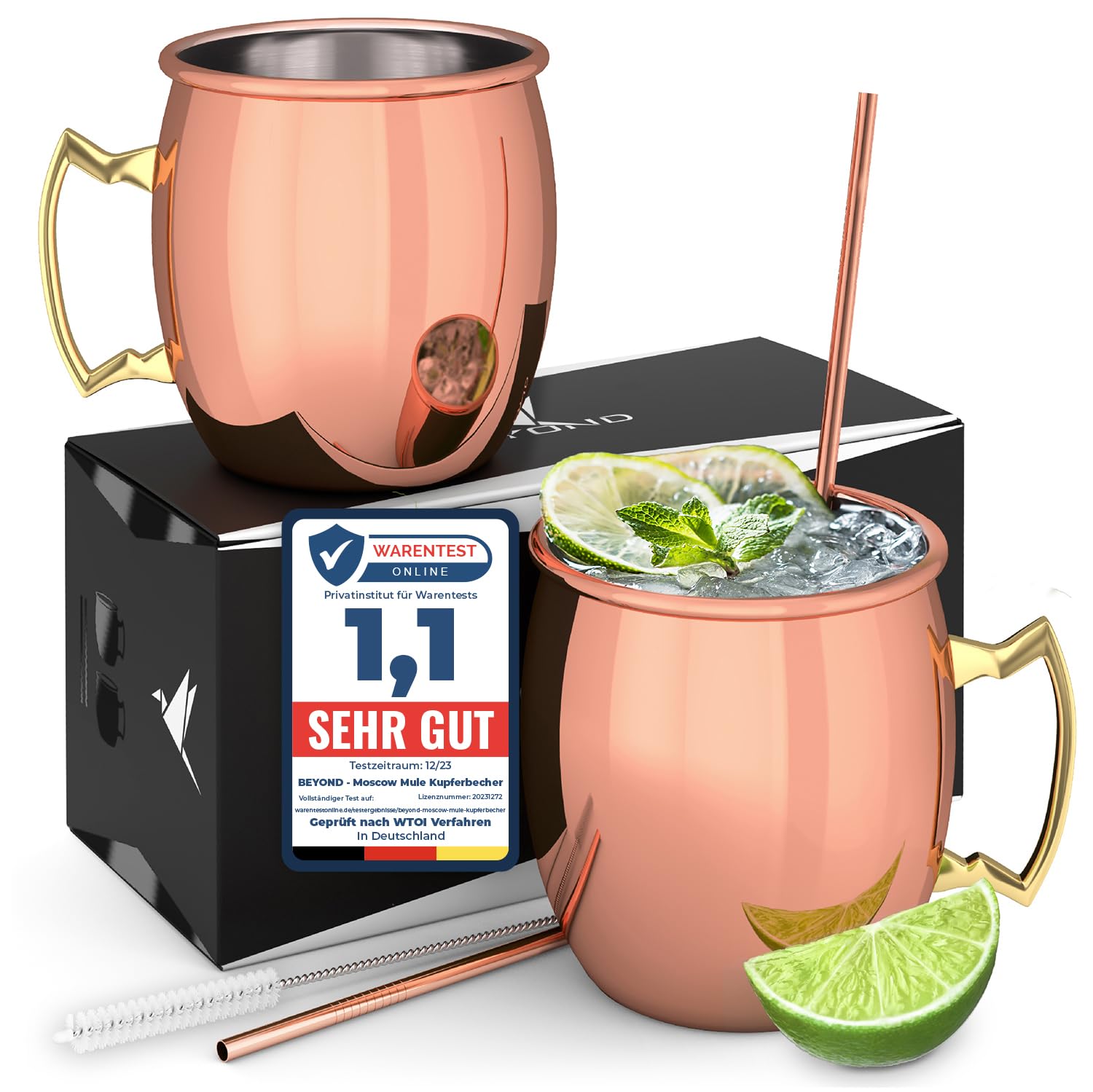 Beyond Moscow Mule Becher 2er Set Kupferbecher - Becher aus Kupfer mit Strohalmen & Geschenkbox I Moskau Mule Kupfertasse Set mit traditionell glatter Oberfläche als Gin Tasse & für Cocktail 2 Stück (1er Pack) Angebot bei HelloDeals
