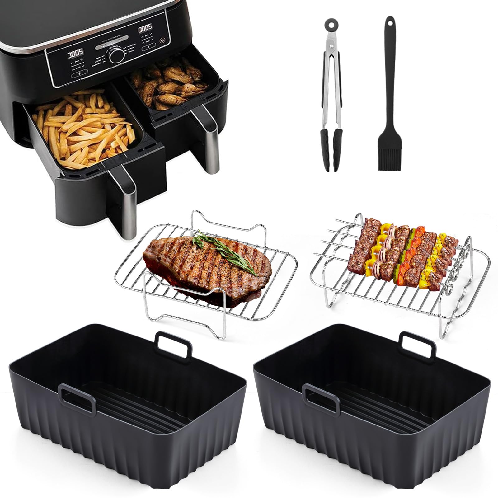 Airfryer Zubehör Set für Ninja Foodi AF300EU AF400EU, Hunnycook 10Pcs Airfryer Zubehör für 7.6L-9.5L Ninja Dual Airfryer, Einschließlich Airfryer Zubehör Silikonform, Racks und Werkzeuge Angebot bei HelloDeals