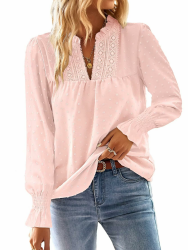 Langarmshirt Damen Herbst Boho Top Oberteile Fließend Elegant V-Ausschnitt T Shirt Süß Lässig Outfits Frühling Winter Longshirt Spitze Kleidung Paspel Volant Hellrosa 4XL Angebot bei HelloDeals