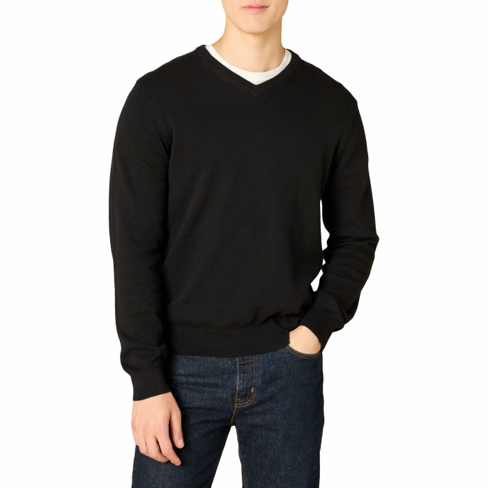Amazon Essentials Herren V-Ausschnitt Pullover aus Baumwolle, Normale Passform XS Schwarz Angebot bei HelloDeals