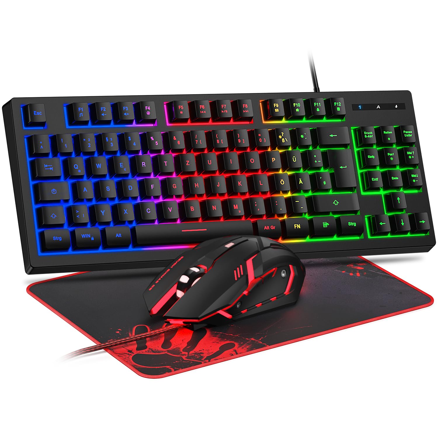 Gaming Tastatur und Maus Set, QWERTZ DE Layout, 75% TKL, RGB Hintergrundbeleuchtete Kabelgebundene Tastatur, Ergonomische 4 Farbige LED Gaming Maus, Großes Mauspad, USB Plug & Play für PC Angebot bei HelloDeals