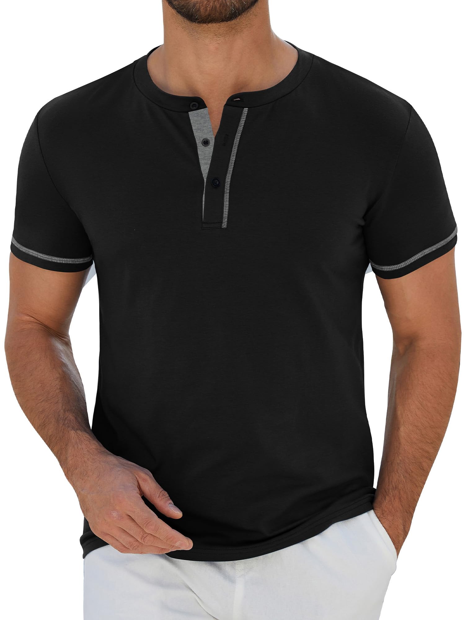 Henley Shirt Herren Sommer Kurzarm Tshirt Männer Baumwolle Casual T Shirt mit Knopfleiste XXL Schwarz Angebot bei HelloDeals