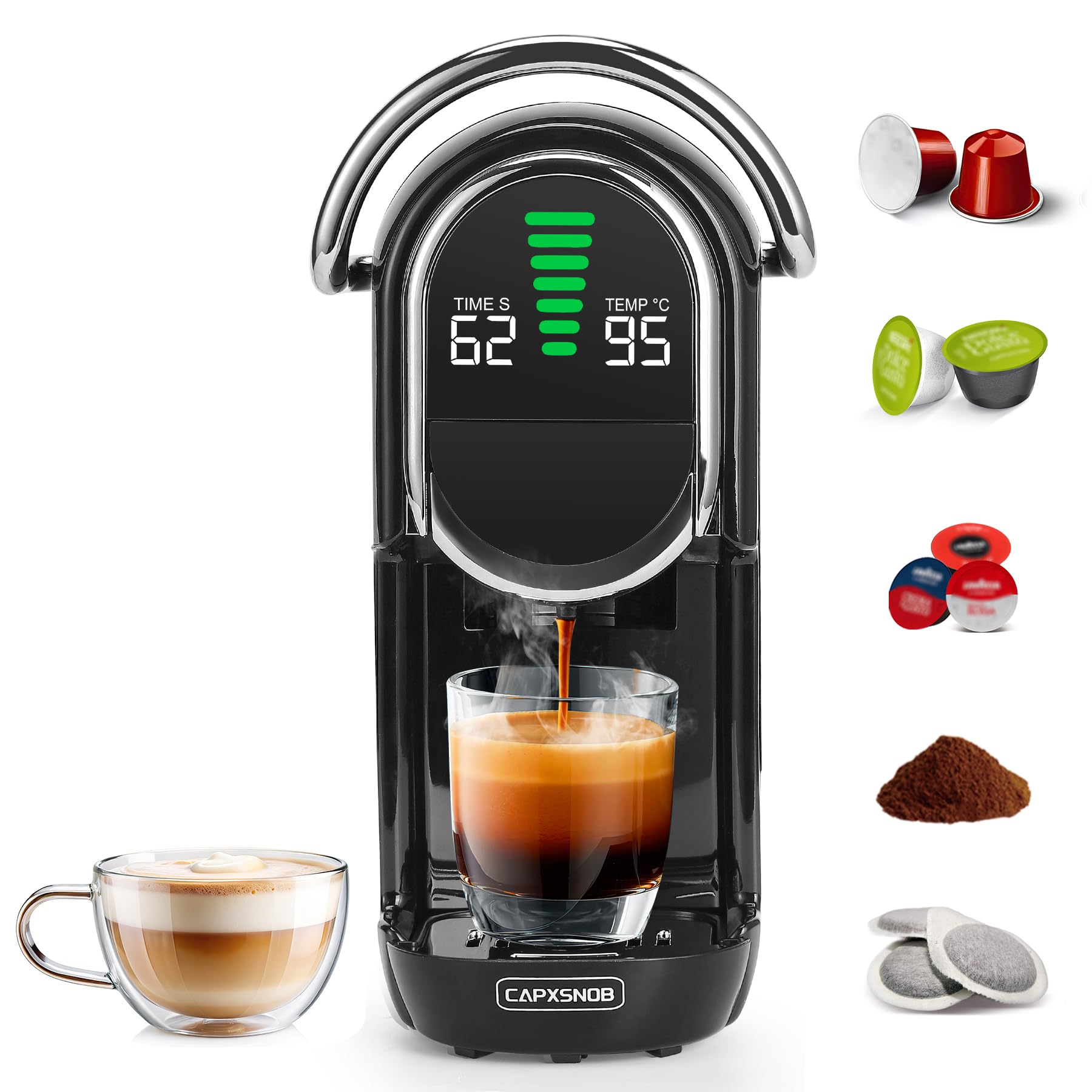 Magician1 Mini 5in1 Kapselmaschine für Nespresso, Dolce Gusto, Lavazza A Modo Mio, ESE Pad, Kaffeepulver, 20bar, 1450W, LED-Display, 7 Wasserstufen, Heiß-Kalt-Modus Kaffeemaschine für Zuhause und Büro Schwarz Angebot bei HelloDeals