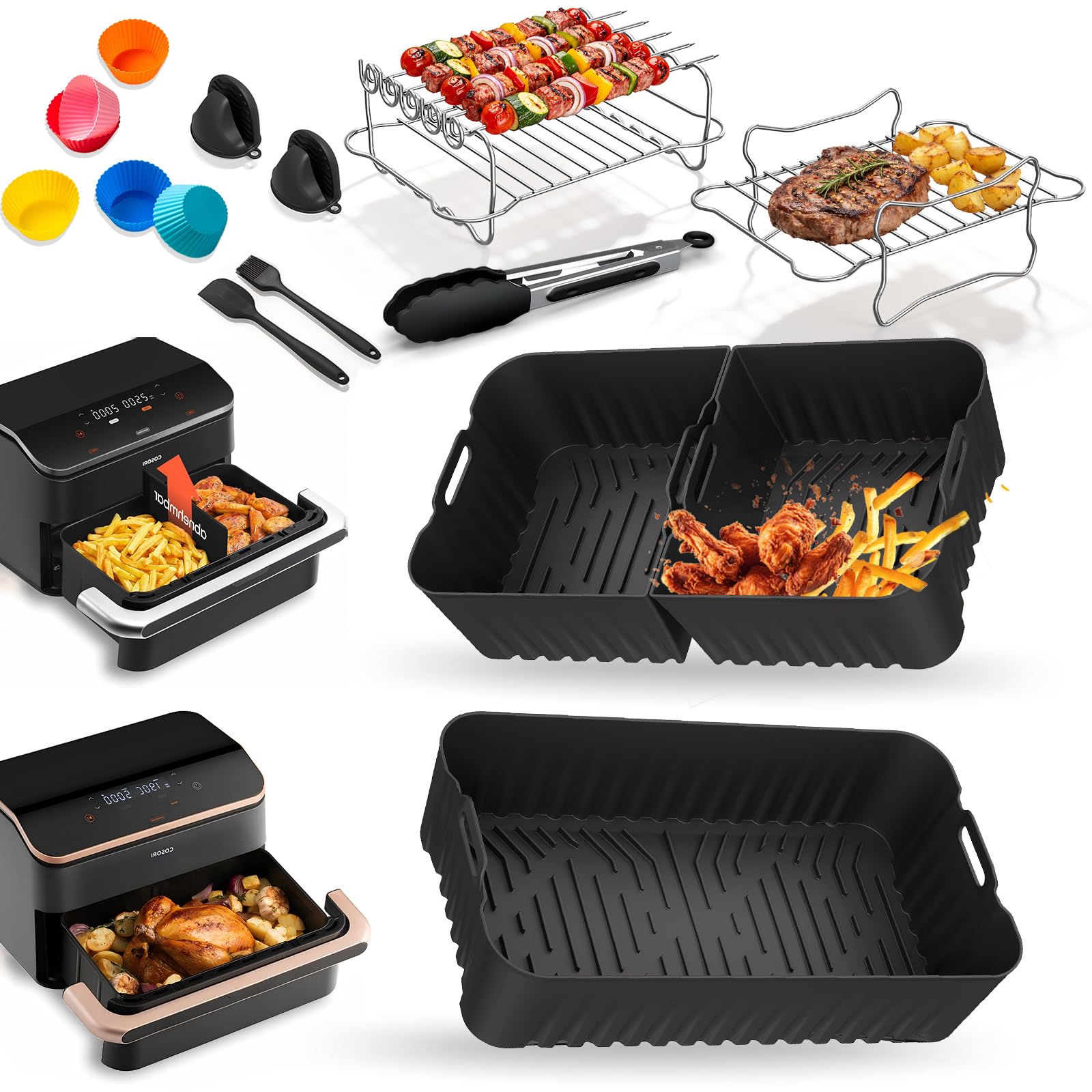 COSORI Heißluftfritteuse Zubehör für COSORI Dual Blaze TwinFry XXL 10L - COSORI Heißluftfritteuse 10L Airfryer Silikonform Zubehör(1x10L & 2x5L) - mit Grillrost, Weiteres Zubehör 10l Dualblaze 丨 Zubehör Set Angebot bei HelloDeals