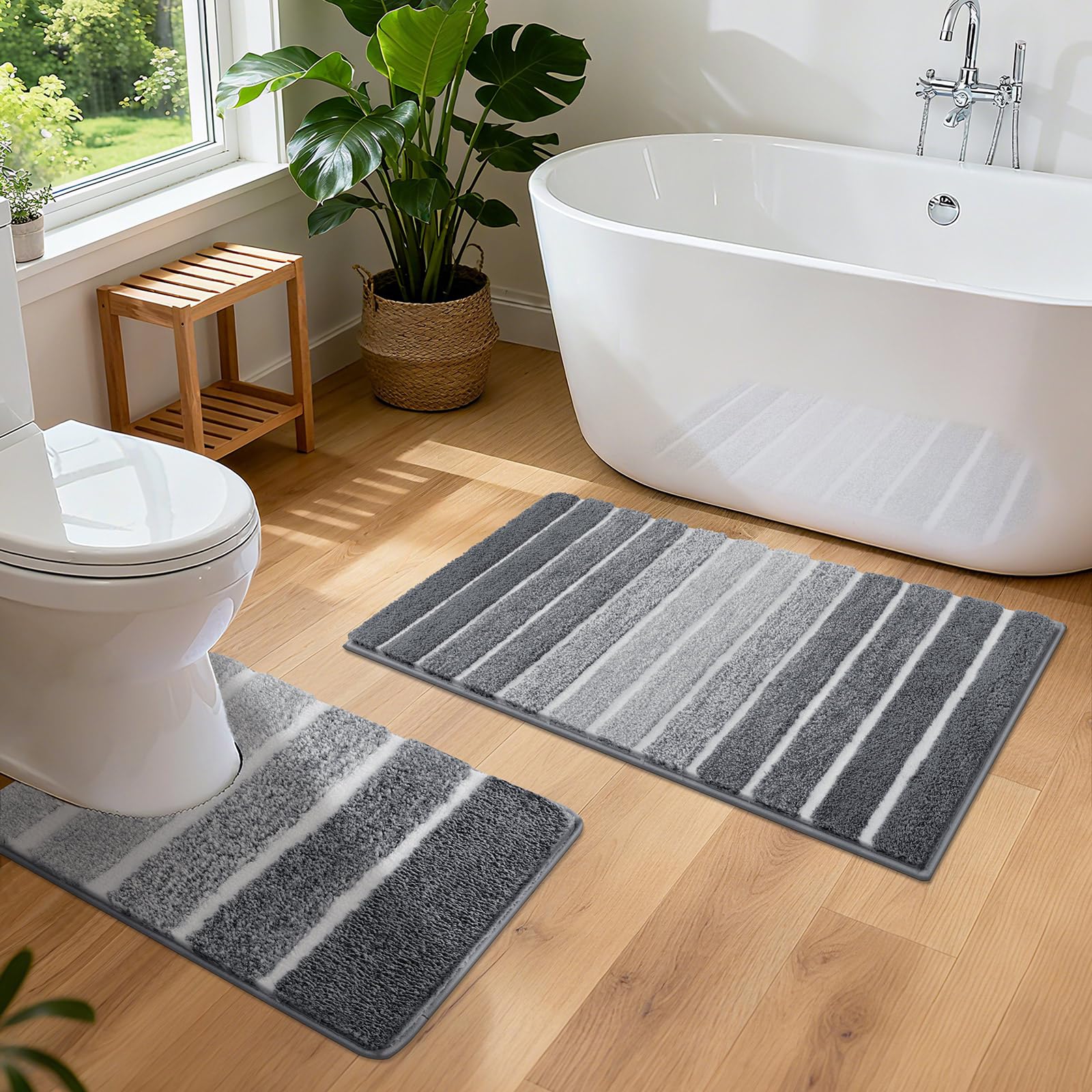 SHACOS Badezimmerteppich Set 2 Teilig Badteppich rutschfest Badematte Grau Weiche Badezimmer Teppiche Wasserabsorbierend Duschmatte Waschbar Badvorleger Set, 45x65+50x60cm 45x65+U50x60cm Grau Angebot bei HelloDeals