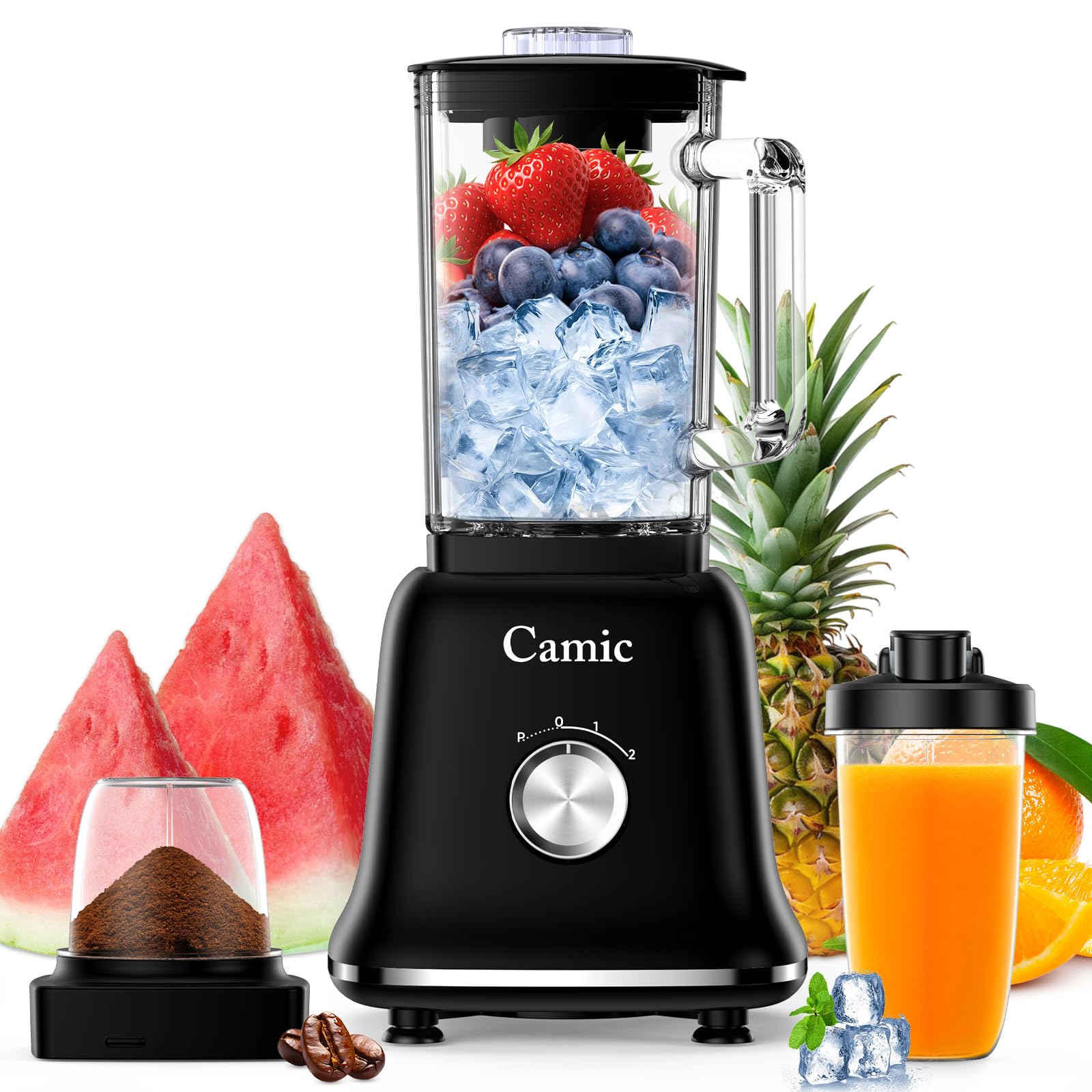 Camic Standmixer 1200W Hochleistungsmixer 3-in-1 mit 1,6L Glasbehälter Mixer & 400ml Reisebecher & 200ml Mahlbecher, Abnehmbare Klinge, Impuls/2 Geschwindigkeiten Blender für Smoothies Shakes Getränke Black Angebot bei HelloDeals