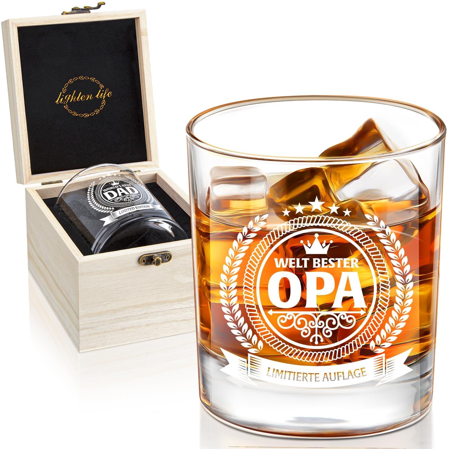 LIGHTEN LIFE Geschenke für Opa,Whiskyglas für Opa in Holzkiste,Geburtstagsgeschenke von Enkelkindern Angebot bei HelloDeals