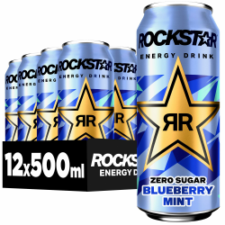 Rockstar Energy Drink Blueberry Mint Geschmack - Zero Sugar -Koffeinhaltiges Erfrischungsgetränk ohne Zucker für den Energie Kick, EINWEG (12 x 500ml) (Verpackungsdesign kann abweichen) 12x0,5l Angebot bei HelloDeals