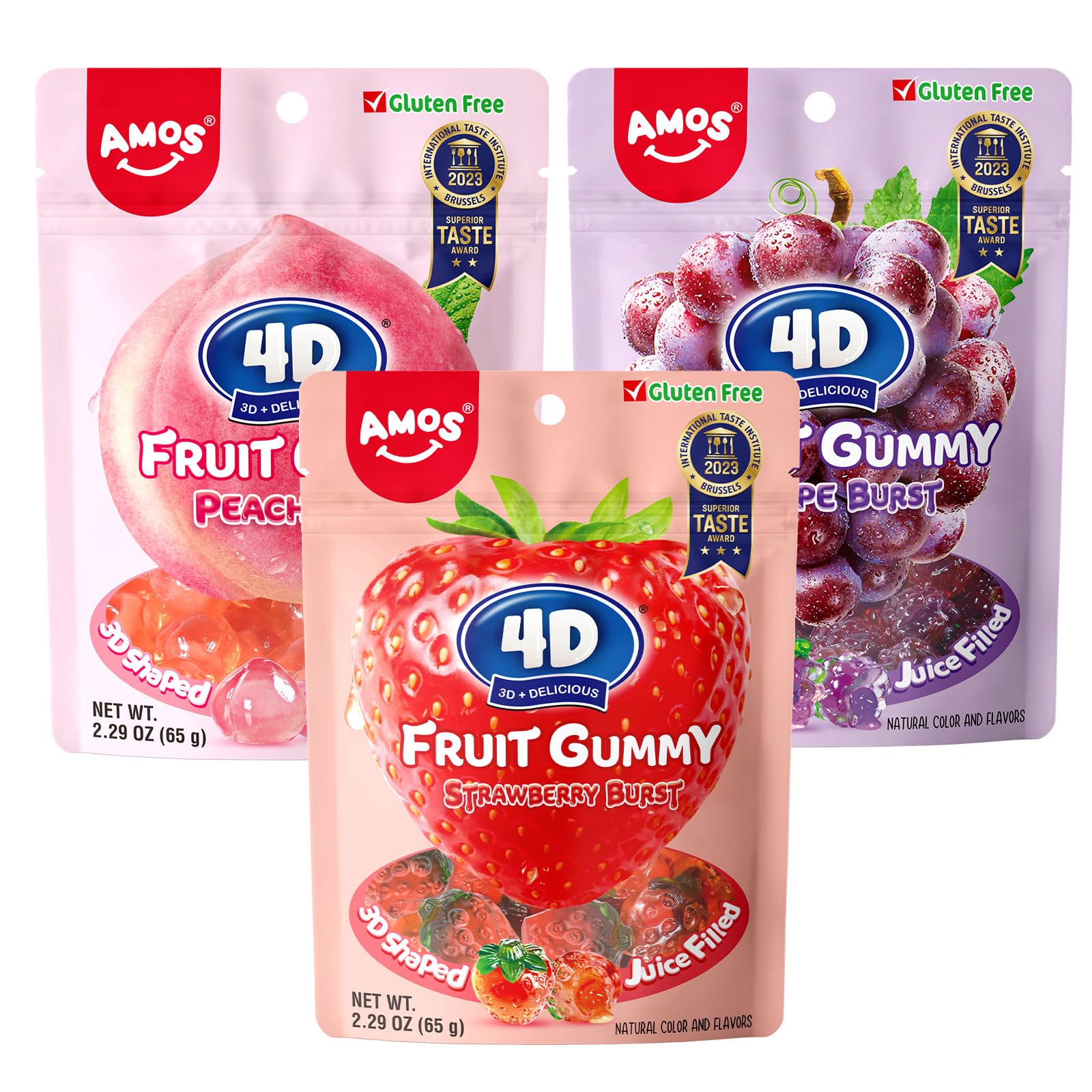 AMOS 4D Fruchtgummis Süßigkeiten Mix, Ostern 3 Schmecken (Erdbeere & Pfirsich & Traube) Süssigkeiten Bonbons, Fruchtgummi Süßes 65G/Beutel -3 Beutel (3 Beutel- Fruchtmix (Erdbeere, Pfirsich & Traube)) Angebot bei HelloDeals