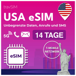 travSIM USA eSIM | T-Mobile Netz | Unbegrenzte Daten, Anrufe & Texte in den USA | e SIM Amerika funktioniert auf eSIM kompatiblen iOS & Android Geräten | e SIM Karte USA 14 Tage eSIM USA - 14 Days Angebot bei HelloDeals