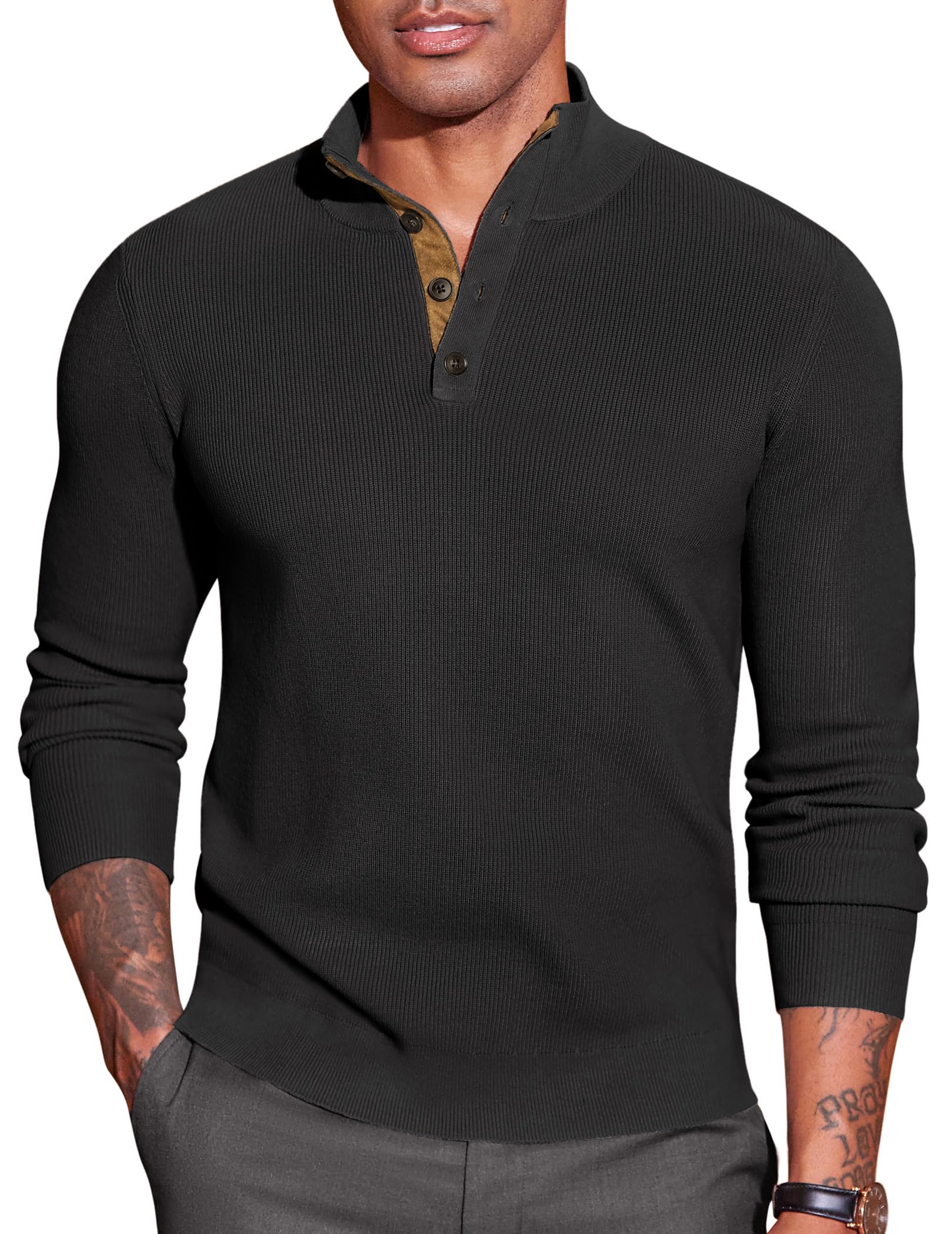 COOFANDY Herren Pullover Half Neck Stehkragen Retro Strickpullover mit 1/4 Knöpfe Wildleder Pulli Winterpullover Sweater Schwarz XXL Angebot bei HelloDeals