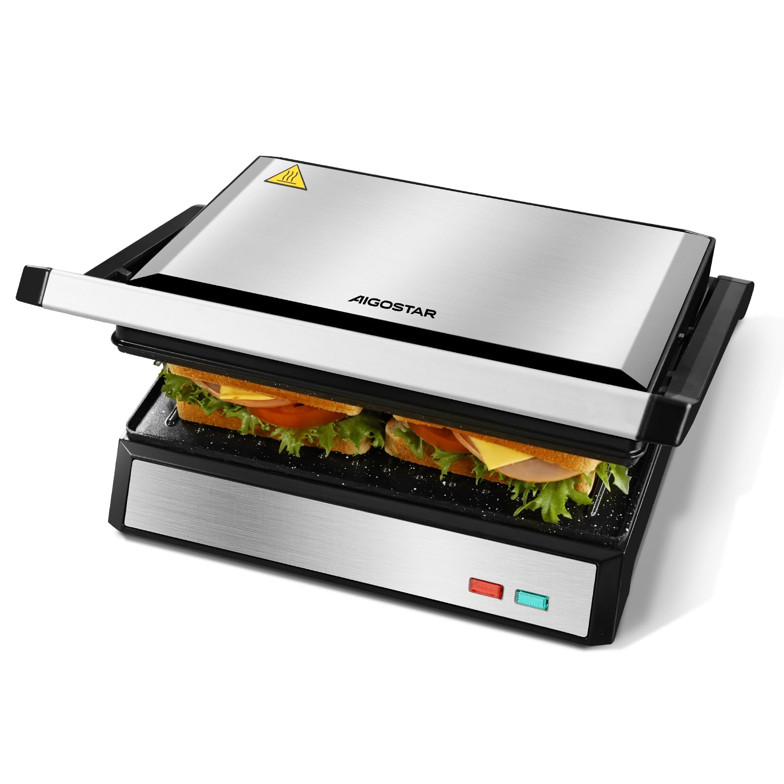 Aigostar Hett pro - Kontaktgrill für Sandwiches, Steak und als Panini Grill, Sandwichmaker mit Antihaftbeschichtung, 1500W Panini Grill mit Abnehmbare Ölsammelbox, 180º Öffnung. Standard Silber Angebot bei HelloDeals