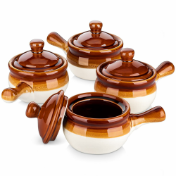 LOVECASA Französische Zwiebel, French Onion Soup Crocks, 4 Stück Steingut Zwiebelsuppe Schalen Set, 480ml Soup Bowls with Handles Soup Bowls with Lids for Soup für Zwiebelsuppe, Eintöpfe, Kasserollen Braun - 480ml Angebot bei HelloDeals