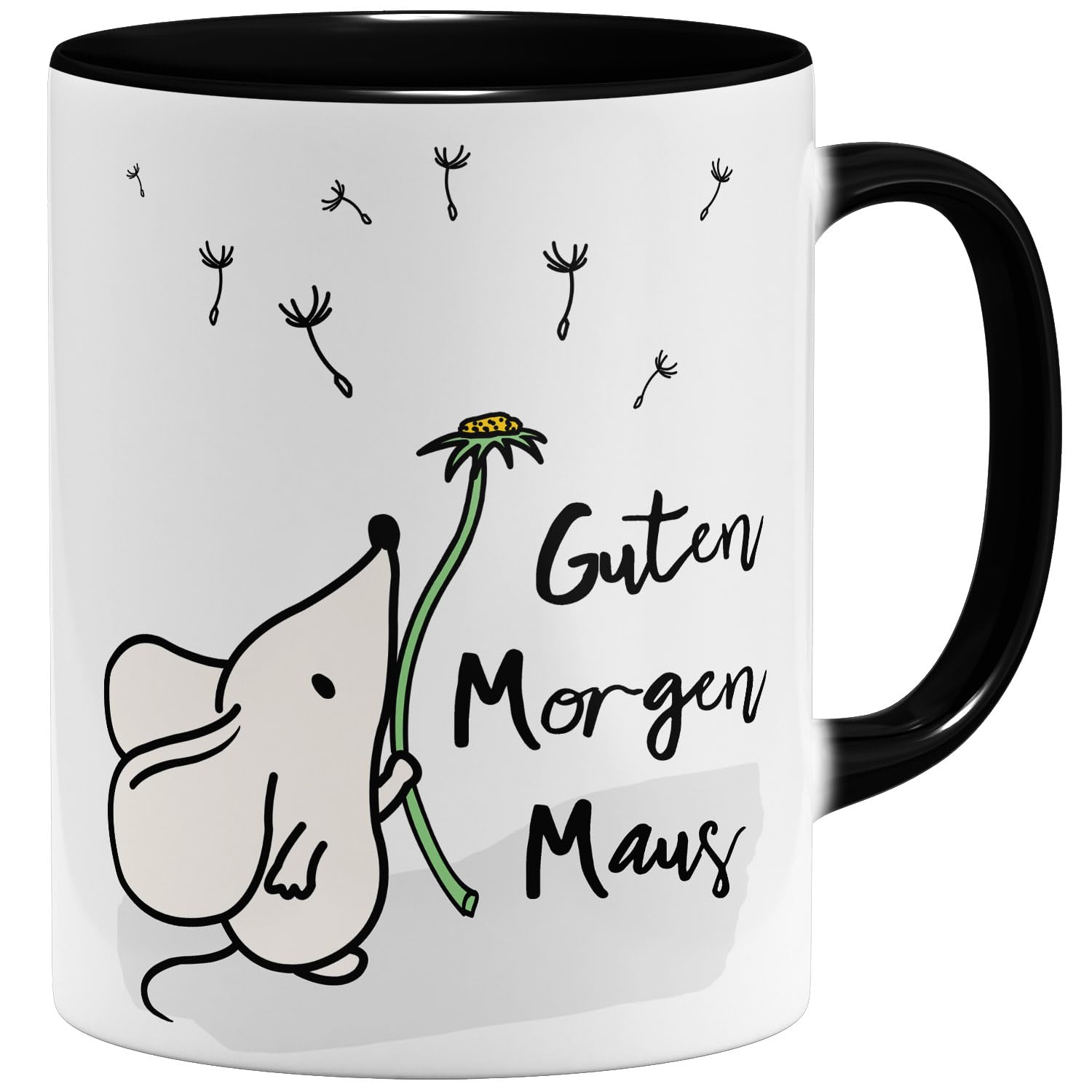 OM3® Guten Morgen Maus Kaffee-Tasse mit Spruch - Süßes Mäuschen mit Pusteblume - Keramik Becher - 325ml - Beidseitig Bedruckt - Schwarz Angebot bei HelloDeals