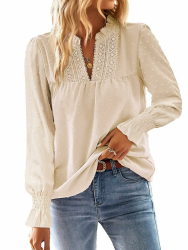 Langarmshirt Damen Herbst Boho Top Oberteile Fließend Elegant V-Ausschnitt T Shirt Süß Lässig Outfits Frühling Winter Longshirt Spitze Kleidung Paspel Volant Aprikose XL Angebot bei HelloDeals