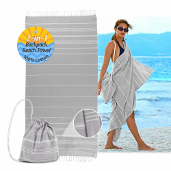 2in1 Hamamtuch Rucksack Strandtuch Badetuch - 100% Baumwolle Hamam Strand Tuch 180x90 Baumwolltuch für Damen und Herren Yogatuch Reisehandtuch (Grau) Angebot bei HelloDeals