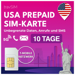 travSIM USA SIM Karte | T-Mobile Netz | Unbegrenzte Daten, Anrufe & Texte in den USA | SIM Karte USA funktioniert auf iOS & Android Geräten | SIM USA 10 Tage SIM USA - 10 Days Angebot bei HelloDeals