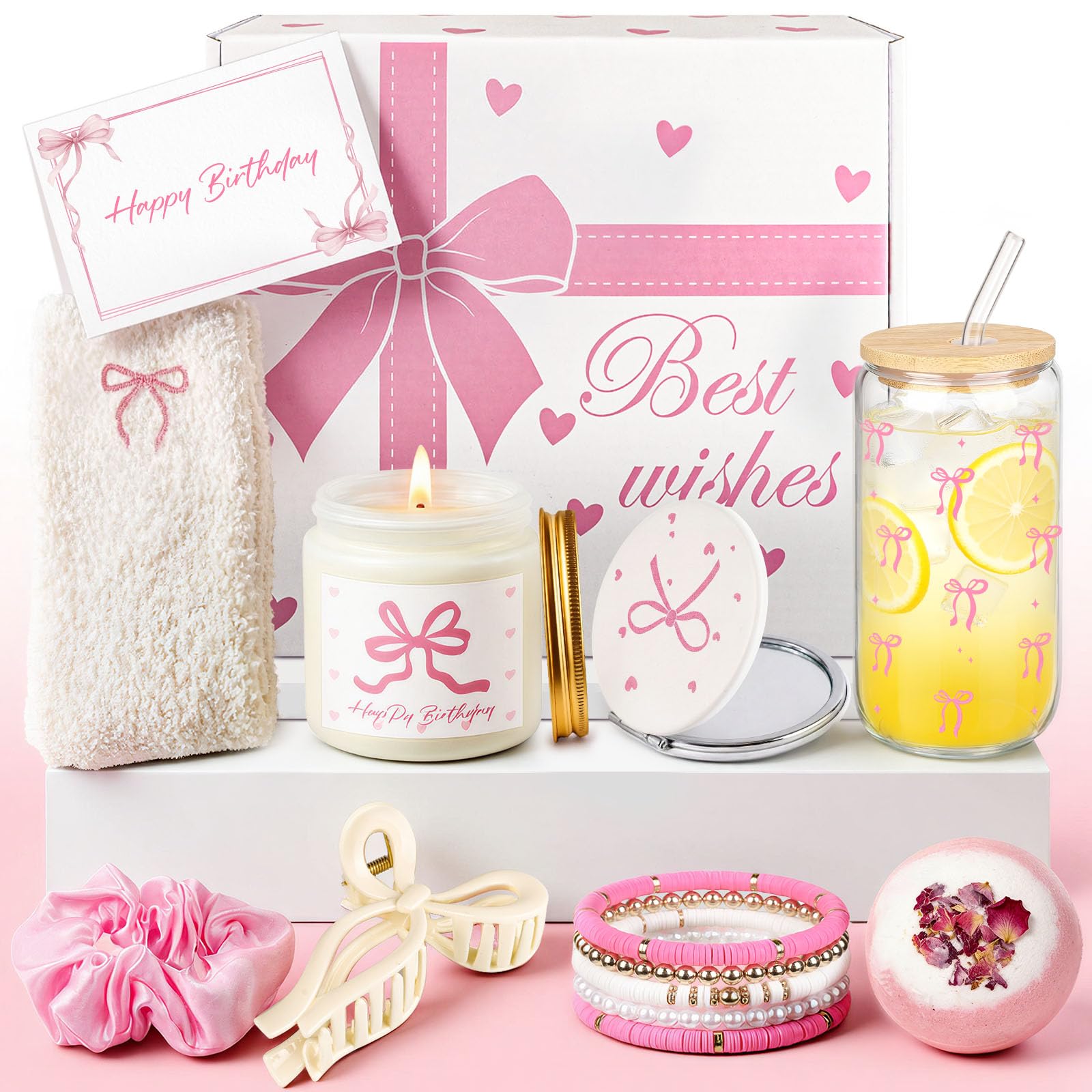 Luxuriöses Geburtstagsgeschenk für Frauen – Rosa Schleifen Geschenkbox als elegantes Wellness Geschenkset mit Duftkerze, Badebombe, Glasbecher & ausgewählten Beauty Accessoires Schleife - Rosa Angebot bei HelloDeals