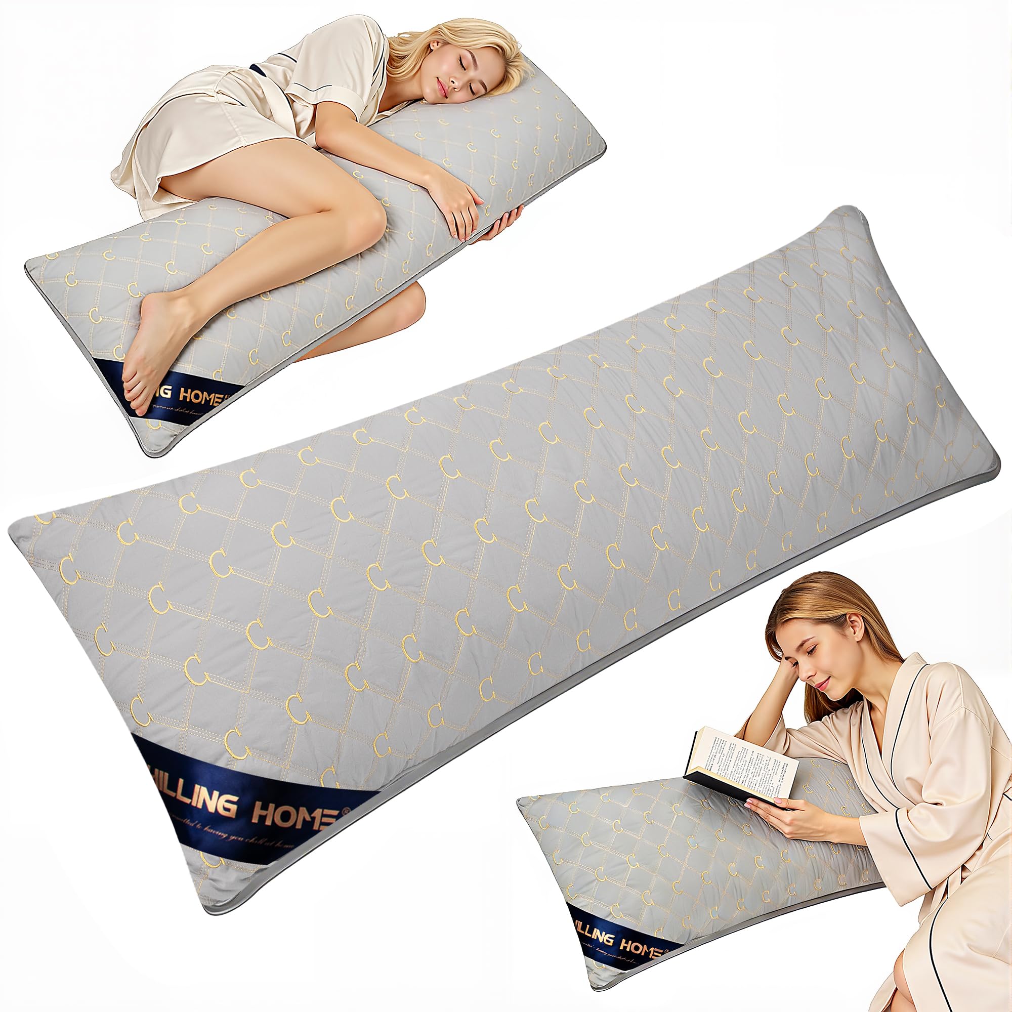 Chilling Home Seitenschläferkissen mit Bezug, Bestickte Schwangerschaftskissen Body Pillow, 137 x 53 cm Stillkissen Langes Kissen für Seitenschläfer(Grau-Gold) Grau Gold Angebot bei HelloDeals