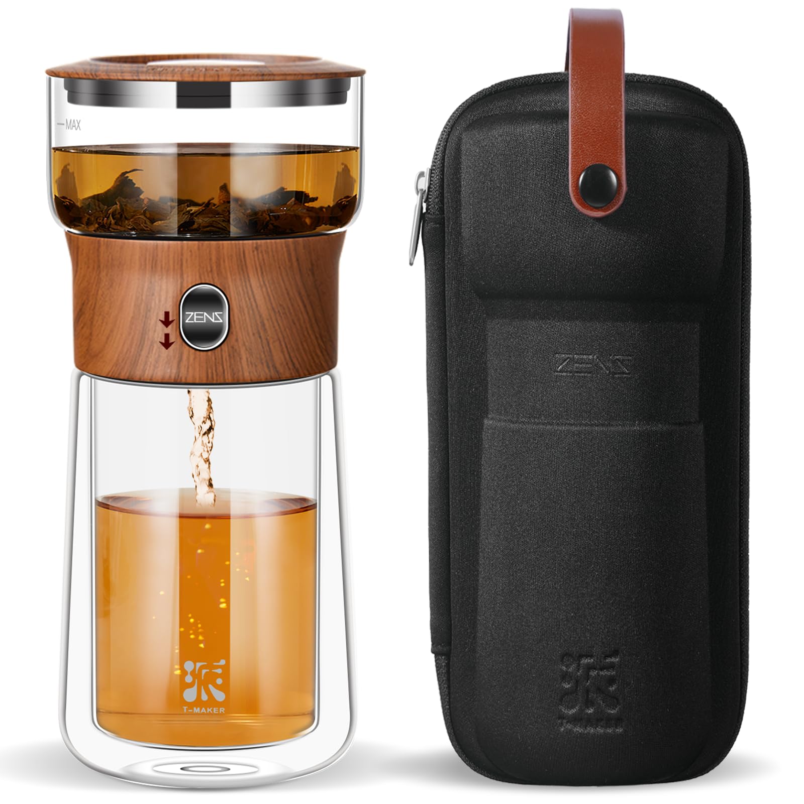 ZENS Klein Solo Teekanne Glas für Losen Tee Zubereitung, One-Touch-Drücker-Teekanne für das Büro Teezubereitung, Teezubereiter mit 270ml Isolierter Tasse und Tragetasche für Geschenke 04-eichenholz 270ml Angebot bei HelloDeals