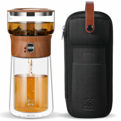 ZENS Klein Solo Teekanne Glas für Losen Tee Zubereitung, One-Touch-Drücker-Teekanne für das Büro Teezubereitung, Teezubereiter mit 270ml Isolierter Tasse und Tragetasche für Geschenke 04-eichenholz 270ml Angebot bei HelloDeals