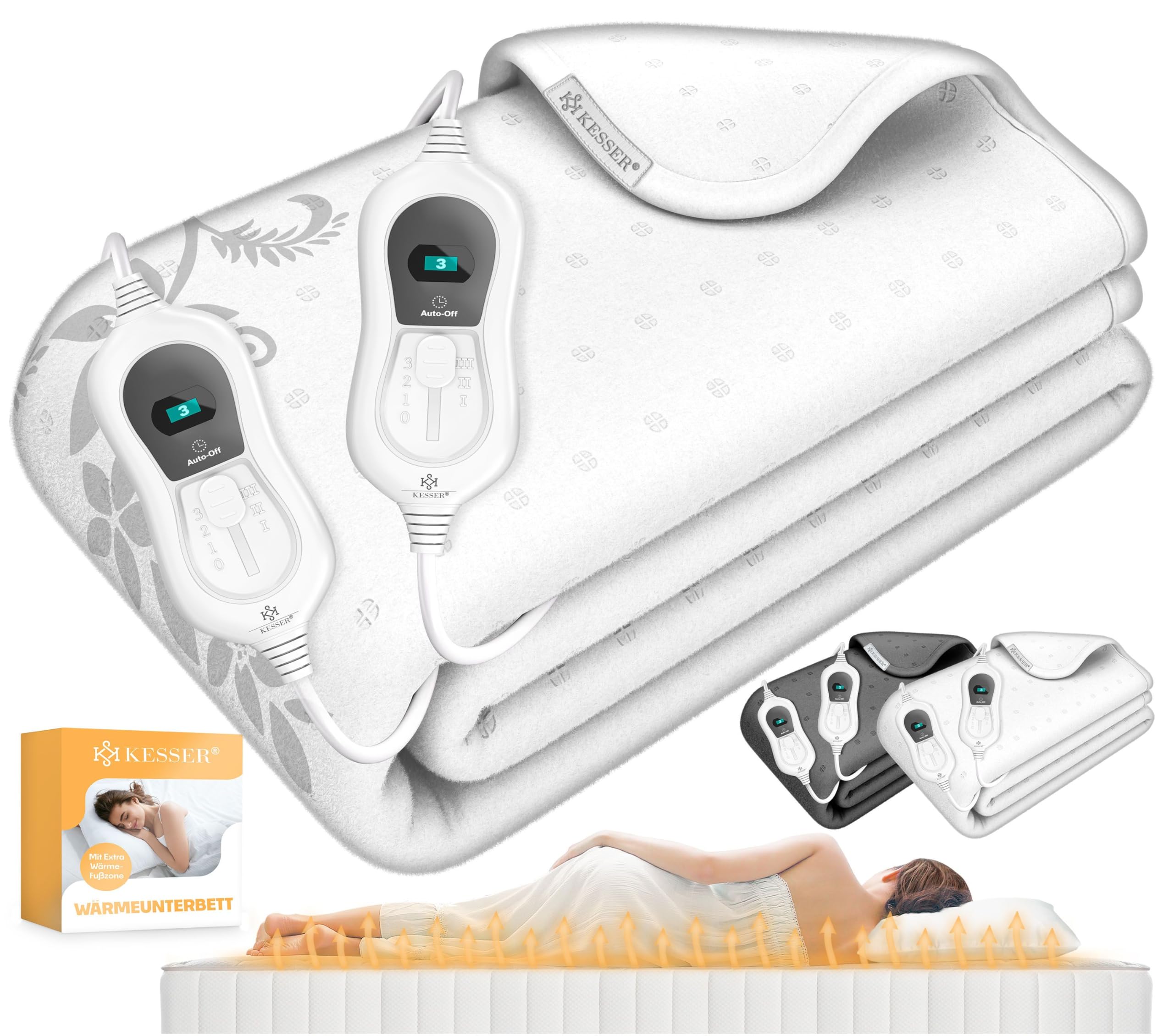 KESSER® Doppel-Wärmeunterbett 160x140cm mit Abschaltautomatik 2 Temperaturzonen Fernbedienung | Heizdecke mit 3 Temperaturstufen | Wärmebettunterlage fürs Bett | Wärmedecke aus weichem Vlies Weiß 160 x 140 cm Weiß - mit Muster Angebot bei HelloDeals