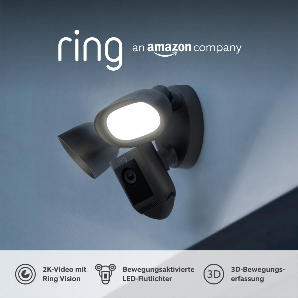 Ring Flutlichtkamera Pro Kabel (Floodlight Cam Wired Pro) | Außenkamera mit 2K-Video mit Ring Vision, 3D-Bewegungserfassung, Sirene| 30-tägige kostenlose Testphase für Ring Home |2 Kameras Pro (mit fortschrittlichen Funktionen) Schwarz 2 Kameras Angebot bei HelloDeals