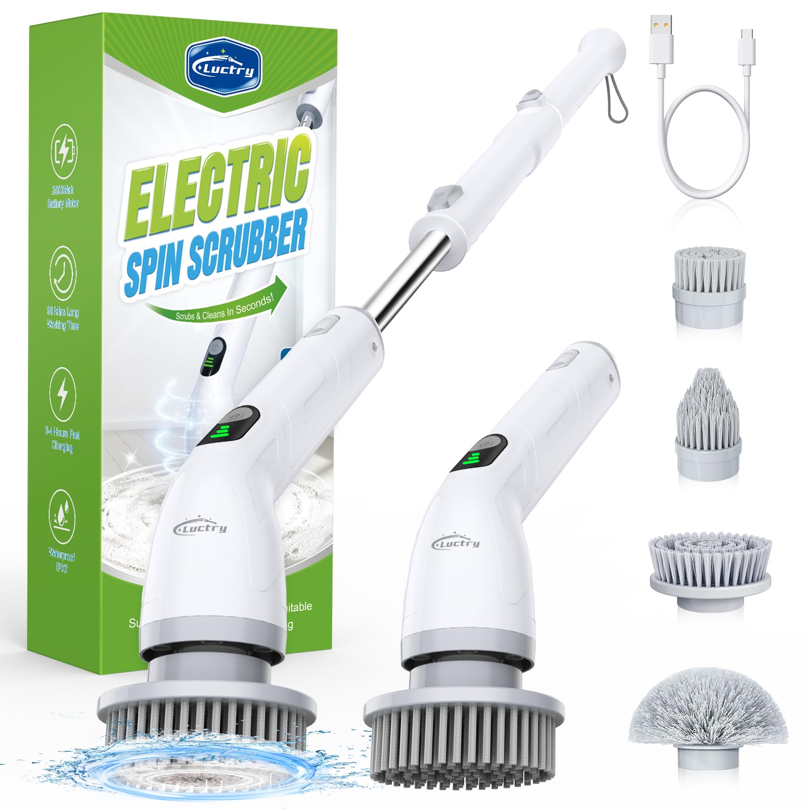 Elektrische Reinigungsbürste mit 4 Aufsätzen, 400 U/min Turbo, Teleskopgriff & 2500mAh Akku – Bad, Küche, Fliesen, Auto, Fugen – Kabellos & wasserdicht Weiß Angebot bei HelloDeals