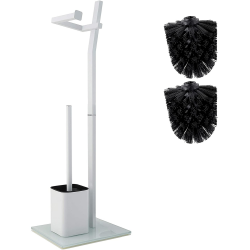 WC Garnitur - Weiß - 22 x 18 x 70 cm - Inkl. Toilettenpapierhalter Und Toilettenbürste - Rostfreier Edelstahl - Standfuß Aus Glas Mit Klobürste - Plus: 1 und 2 Klobürstenköpfe Zum Austauschen Angebot bei HelloDeals