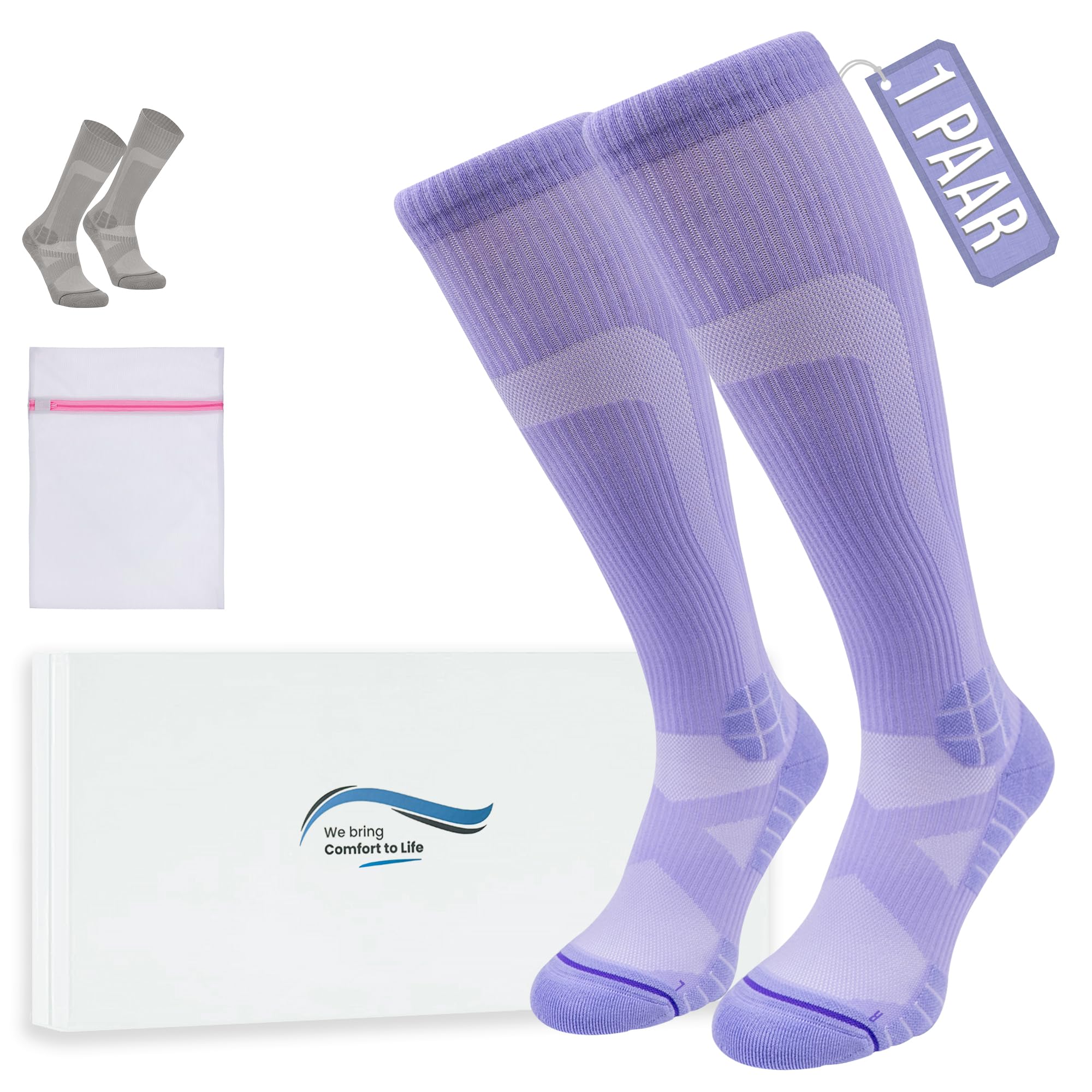 360 RELIEF Sport Kompressionsstrümpfe Damen und Herren - Abgestufte Kompressionssocken fur Laufen, Radfahren, Fitnessstudio, Reise, Flug - Atmungsaktiv Leichte Stützstrümpfe mit Wäschenetz S-M 1Paar-Lila Angebot bei HelloDeals