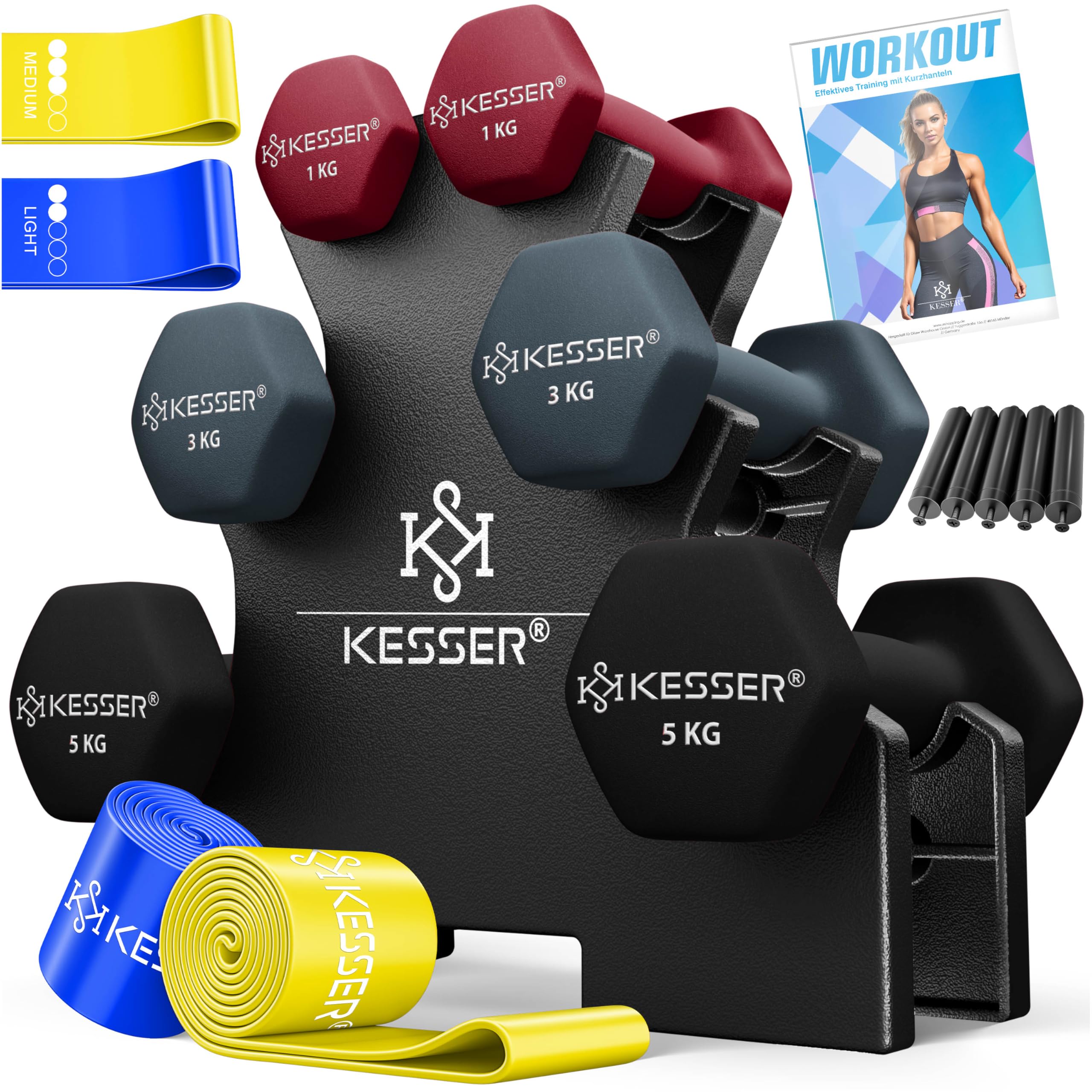KESSER® Hantel-Set, 3 Paar, 1kg - 5kg, 12kg oder 18kg kurzhanteln mit Ständer Aufbewahrung, Fitnessstudio, Krafttraining, Hantelset rutschfeste Neopren, Magenta-Grau-Schwarz 18 kg Set | 2 x (1+3+5) Angebot bei HelloDeals